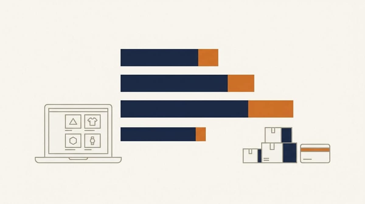 Illustration af en webshops omkostninger delt op i fire søjler: platform, opsætning, integrationer og drift, med bærbar computer, pakker og betalingskort i navy og orange