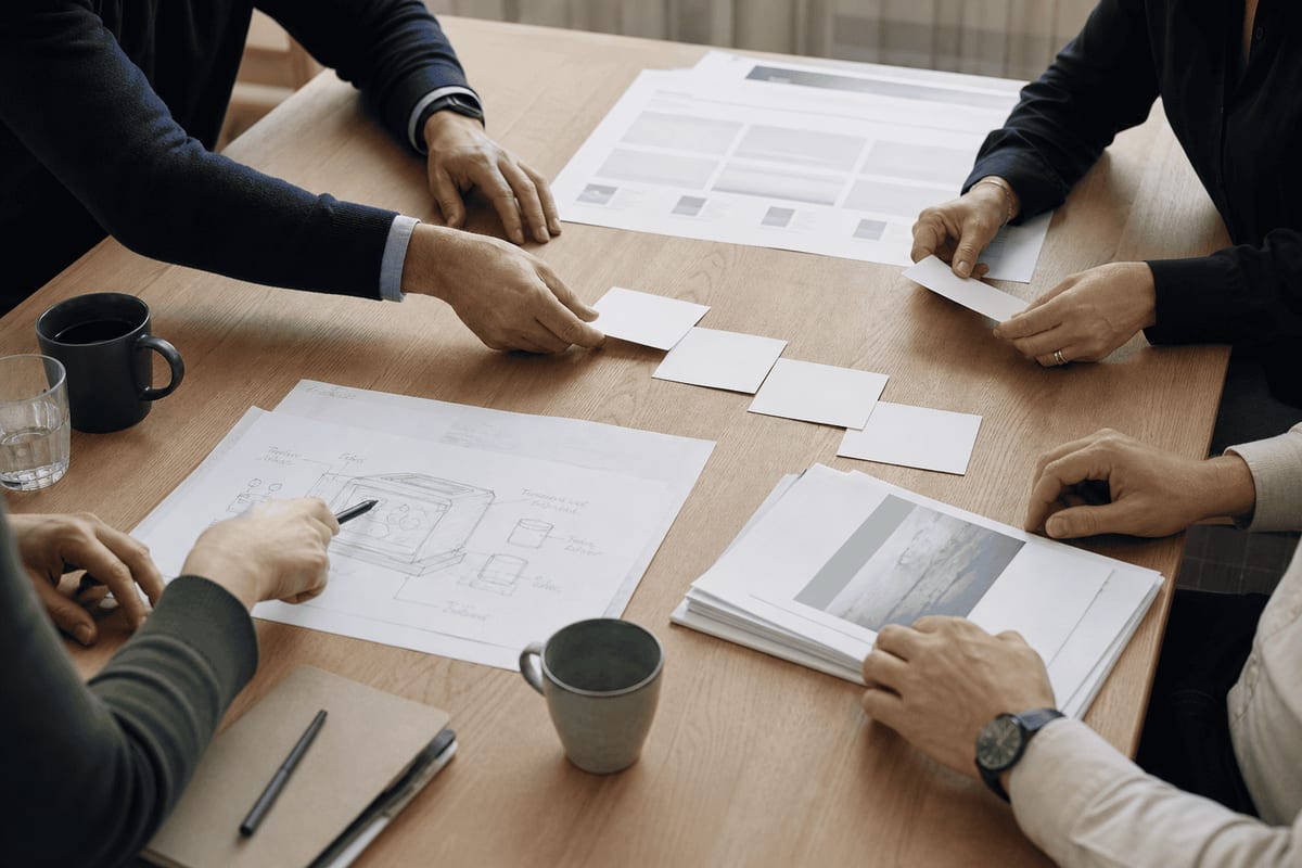 Et B2B-team samler søgerejse, website og dokumentation på et bord før en fælles købsbeslutning.