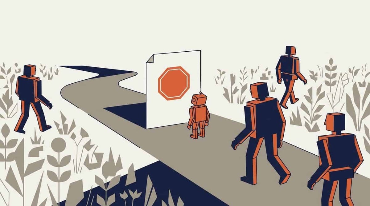 Illustration: et stopskilt står midt på vejen, mens robotter går udenom gennem den åbne mark. Kun én robot stopper.