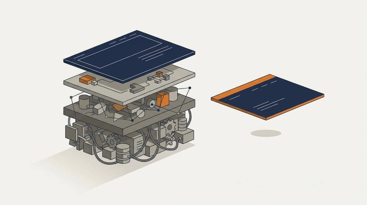 Illustration af en webside som en stak lag, hvor de nederste lag er tunge af plugins og databasekald, ved siden af ét let, enkelt lag der symboliserer en statisk stak