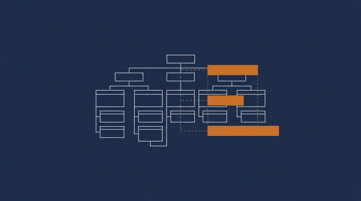 Abstrakt diagram over et websites tekniske struktur med orange prissøjler ved siden af, på mørkeblå baggrund.
