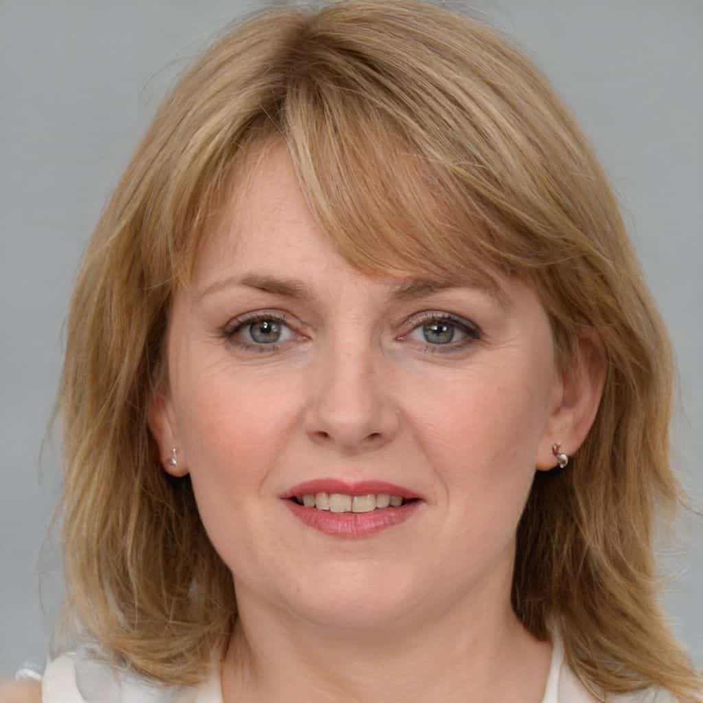 En kvinde med mellemlangt blondt hår og lys makeup, iført en hvid top, smiler blidt foran en grå baggrund.