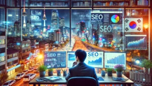 Mens natten omslutter bybilledet, sidder en person ved deres skrivebord, flere skærme lyser med SEO-indsigt og dataanalyse. Seouls travle energi afspejles i de livlige skærme, der antyder en digital duel mellem optimeringsstrategier og dynamik i den virkelige verden.